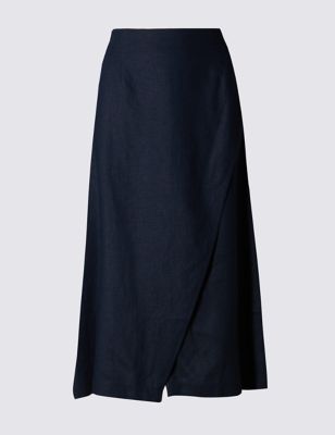 Linen Blend Wrap Style Midi Skirt